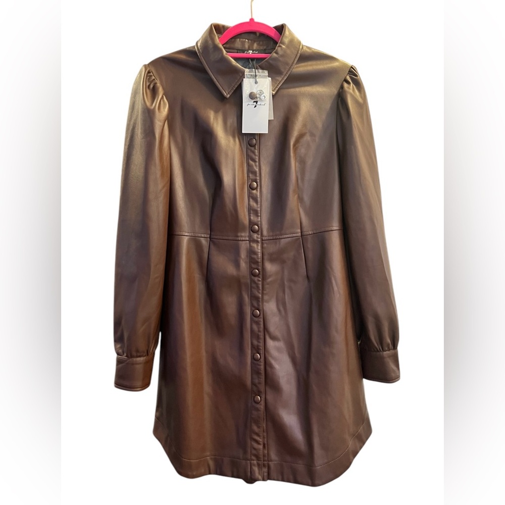 7 For All Mankind Brown Faux Leather Puff Sleeve Button Down Dress Size S